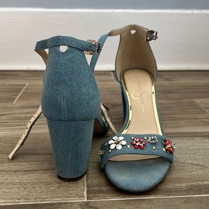 Jessica Simpson Blue Denim Sandal Beaded Flower Heels